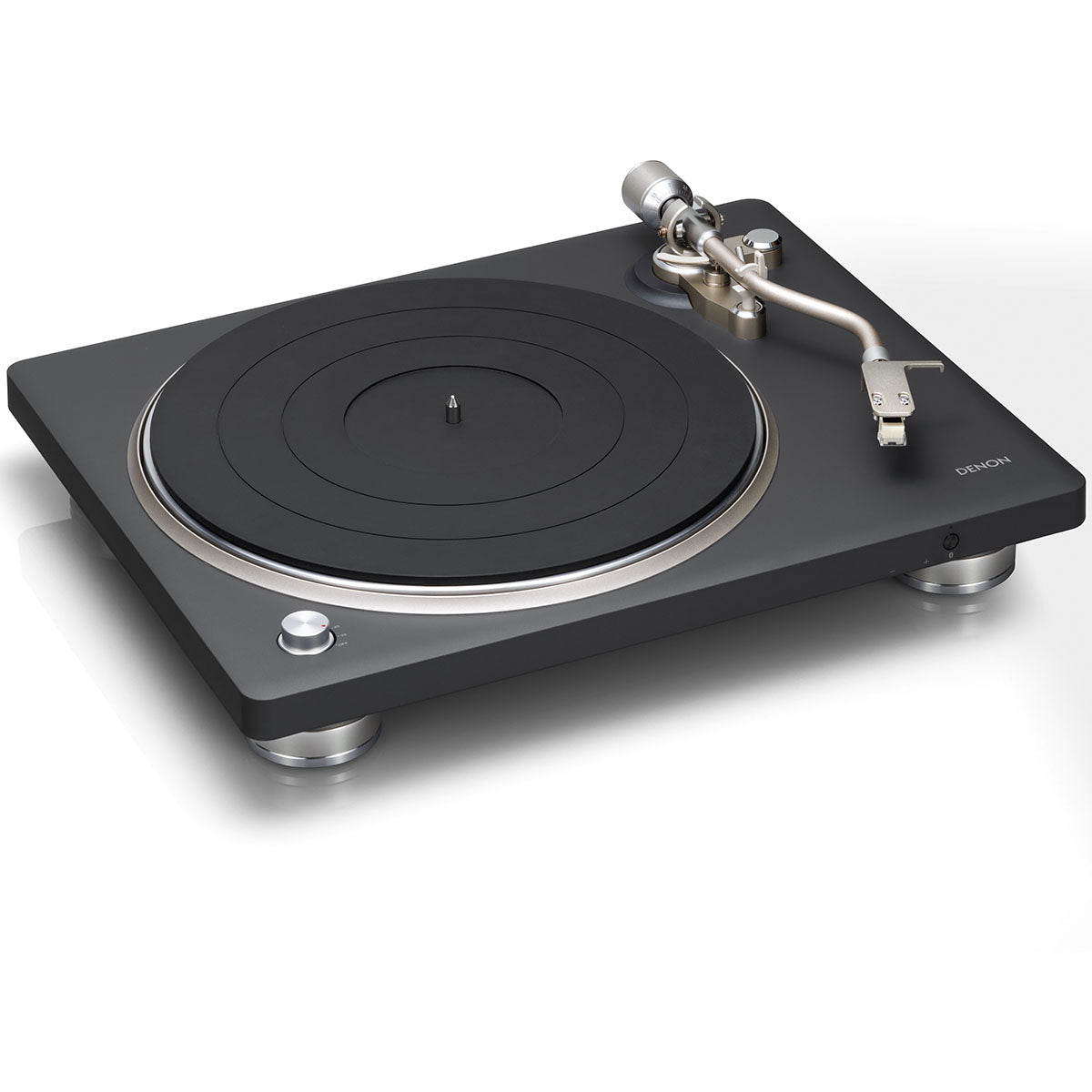 Denon DP-500BT Premium Belt-Drive Hi-Fi Turntable with Bluetooth - front and top view angled right without dust cover