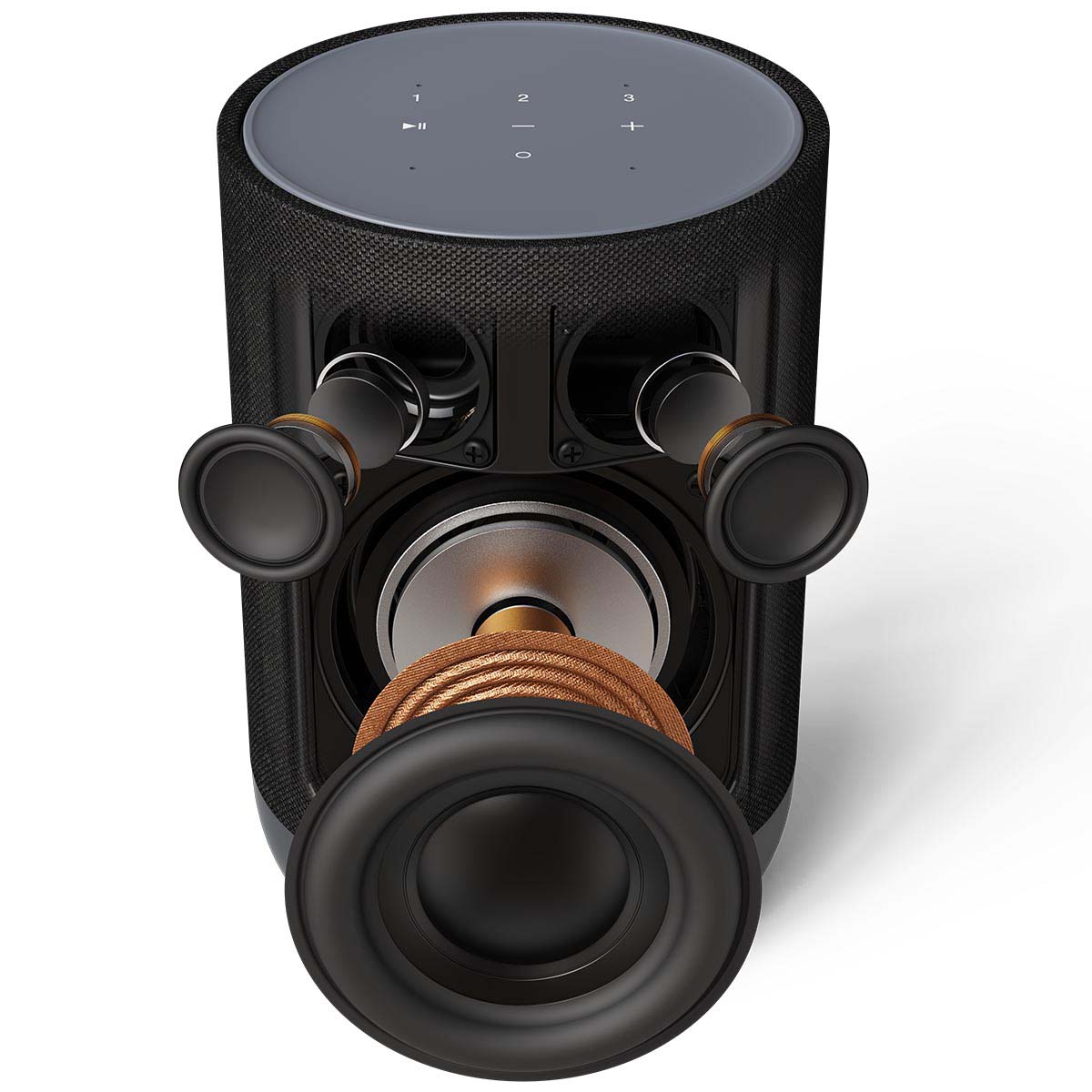 Denon Home 200 Stereo Wireless Smart Speaker - Black - front and top view of graphic showing internal speakers and their components