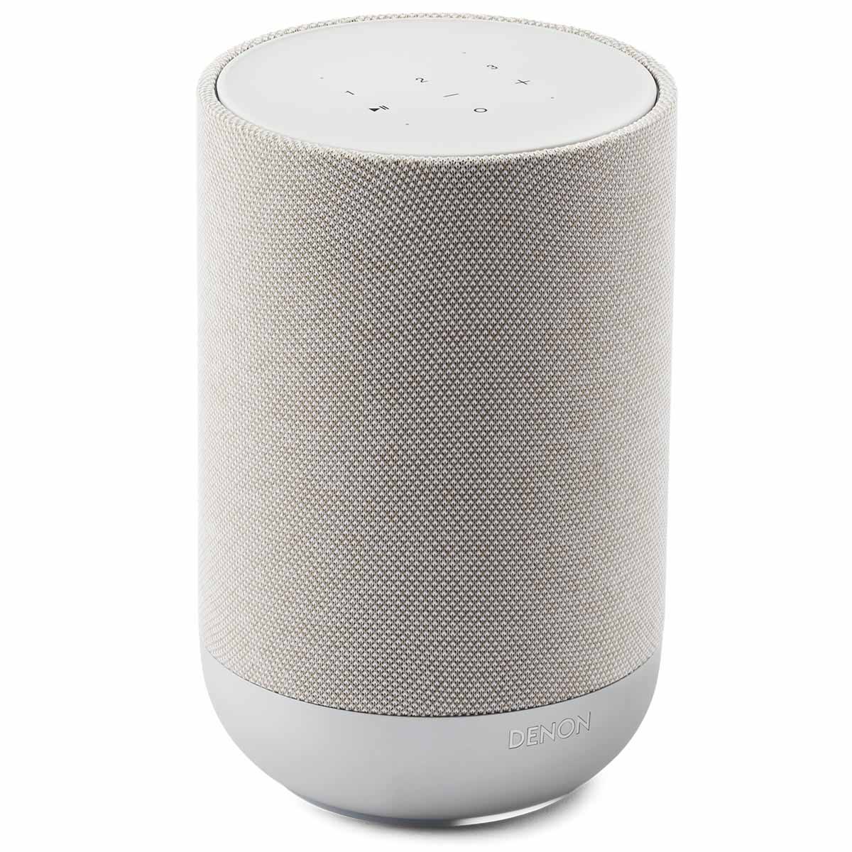 Denon Home 200 Stereo Wireless Smart Speaker - Silver - front and top view angled right