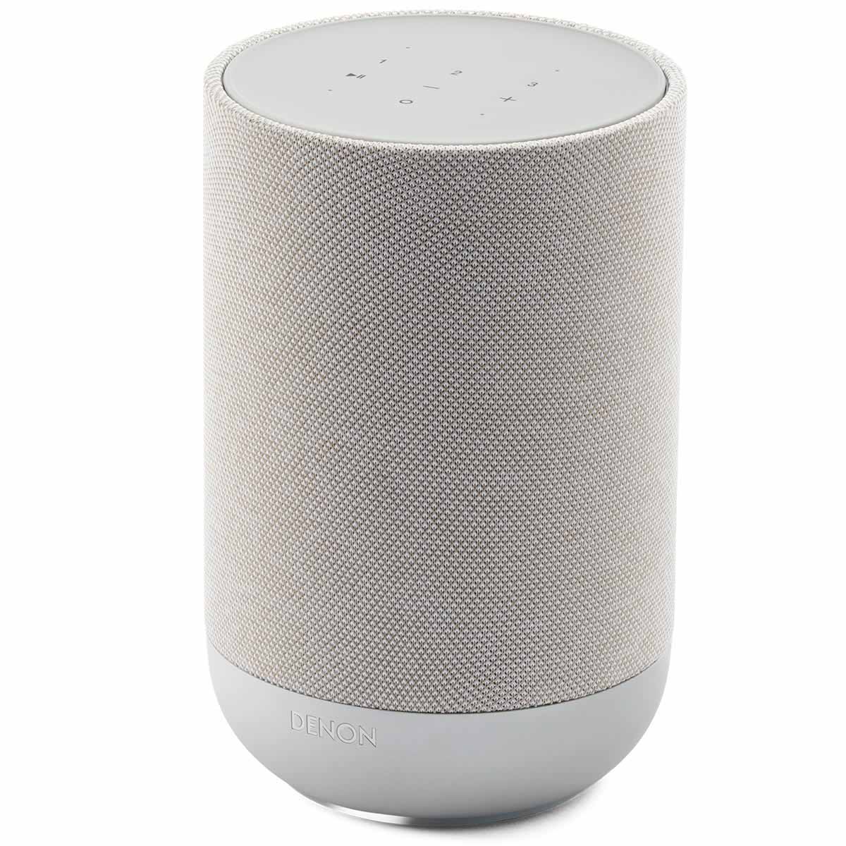 Denon Home 200 Stereo Wireless Smart Speaker - Silver - front and top view angled left