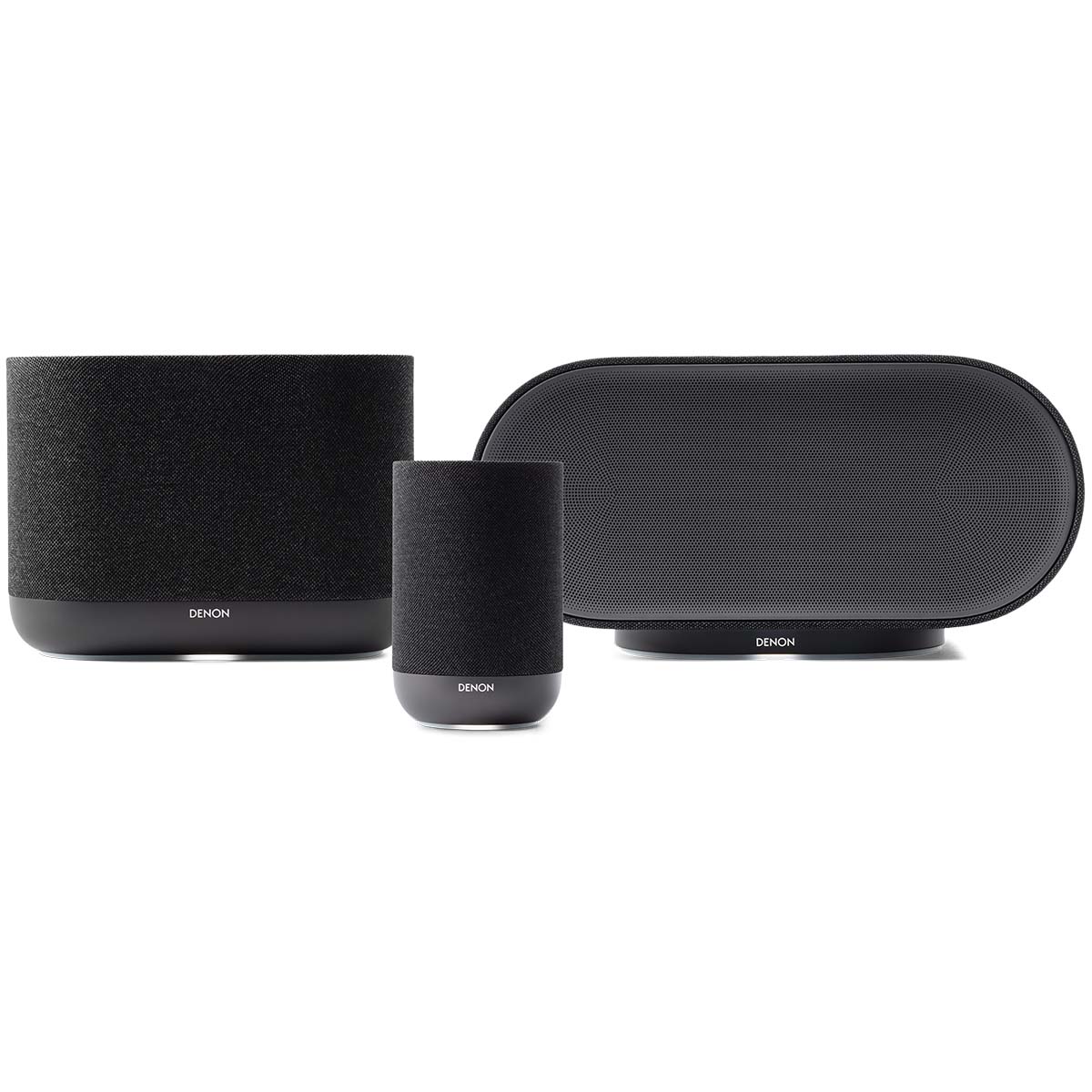 Denon Home Stereo Wireless Smart Speakers - Black - front view of each unit in series, from left to right the 400, 200 and 600