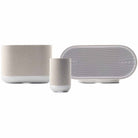 Denon Home Stereo Wireless Smart Speakers - Silver - front view of each unit in series, from left to right the 400, 200 and 600