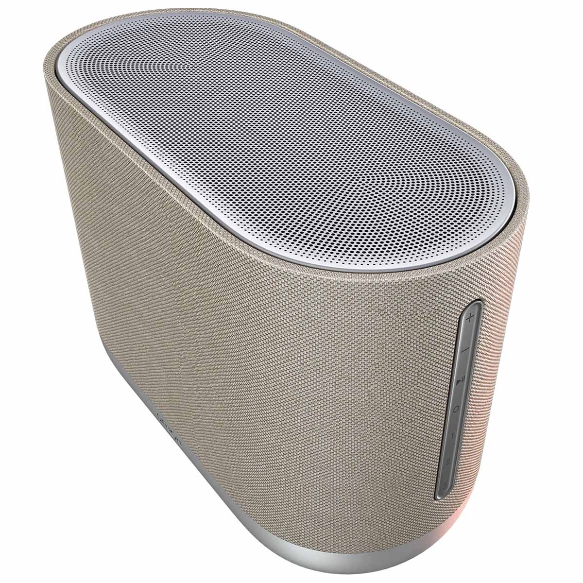 Denon Home 400 Stereo Wireless Smart Speaker - Silver - high angle top and side view angled left
