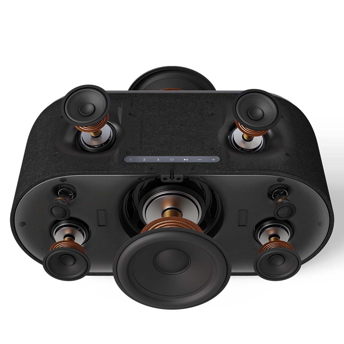 Denon Home 600 Stereo Wireless Smart Speaker - Black - front and top view of graphic showing internal speakers and their components