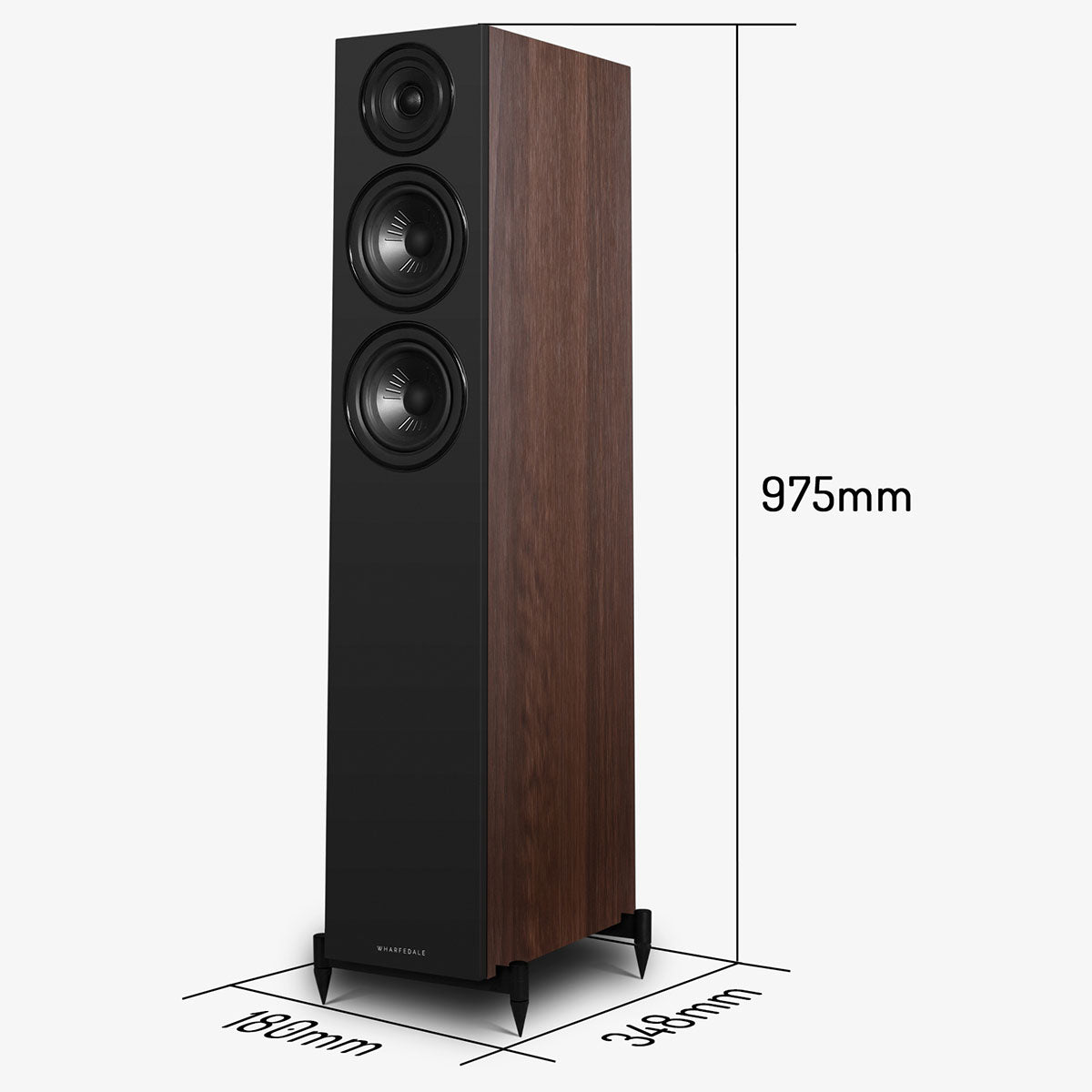Wharfedale Diamond 12.3i 2.5-Way Floorstanding Speakers - single walnut speaker front view angled left without grille with dimensions - height 975 mm width 180 mm depth 348 mm