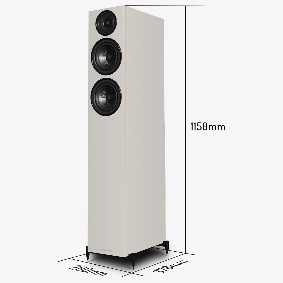 Wharfedale Diamond 12.4i 2.5-Way Floorstanding Speakers - single grey speaker front view angled left without grille with dimensions - height 1150 mm width 200 mm depth 378 mm