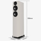 Wharfedale Diamond 12.4i 2.5-Way Floorstanding Speakers - single grey speaker front view angled left without grille with dimensions - height 1150 mm width 200 mm depth 378 mm