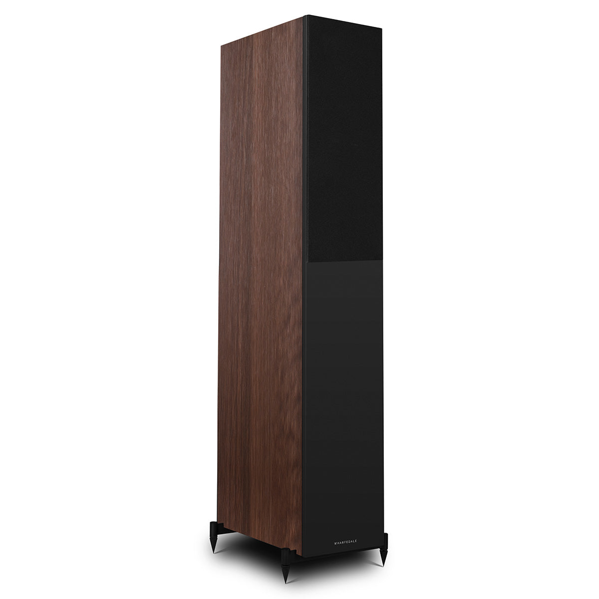 Wharfedale Diamond 12.4i 2.5-Way Floorstanding Speakers - single walnut speaker front view angled right with grille
