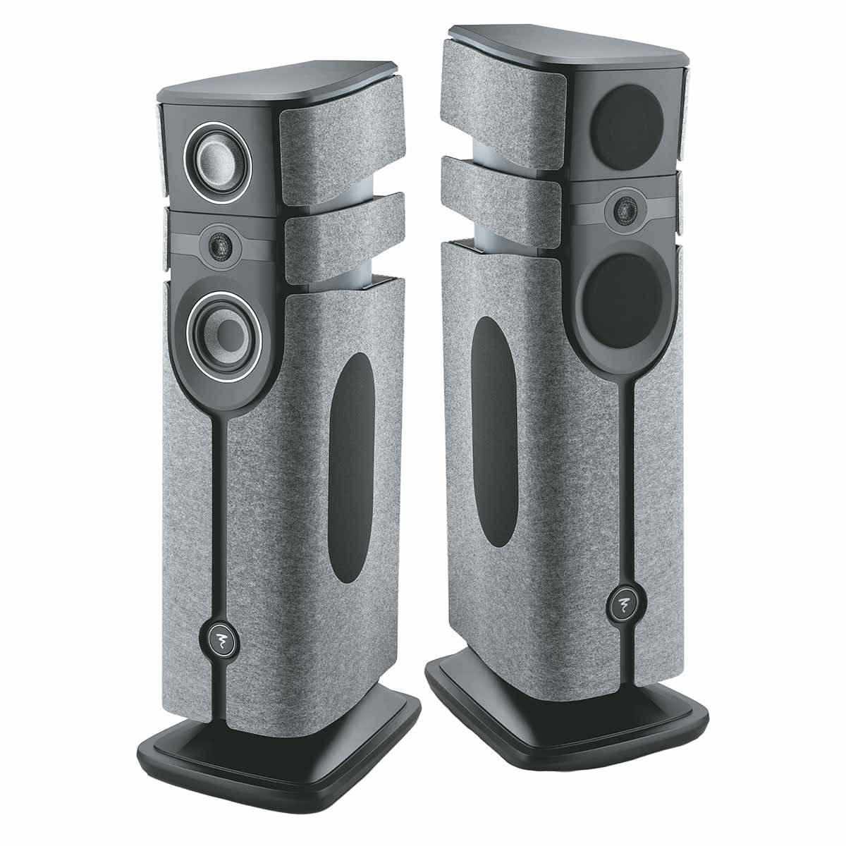 Focal Diva Alta Utopia 4-Way Active Wireless Loudspeaker - pair of Grey Felt speakers - front view with left speaker angled right without grilles and right speaker angled right with grilles