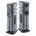 Focal Diva Alta Utopia 4-Way Active Wireless Loudspeaker - pair of Grey Felt speakers - front view with left speaker angled right without grilles and right speaker angled right with grilles