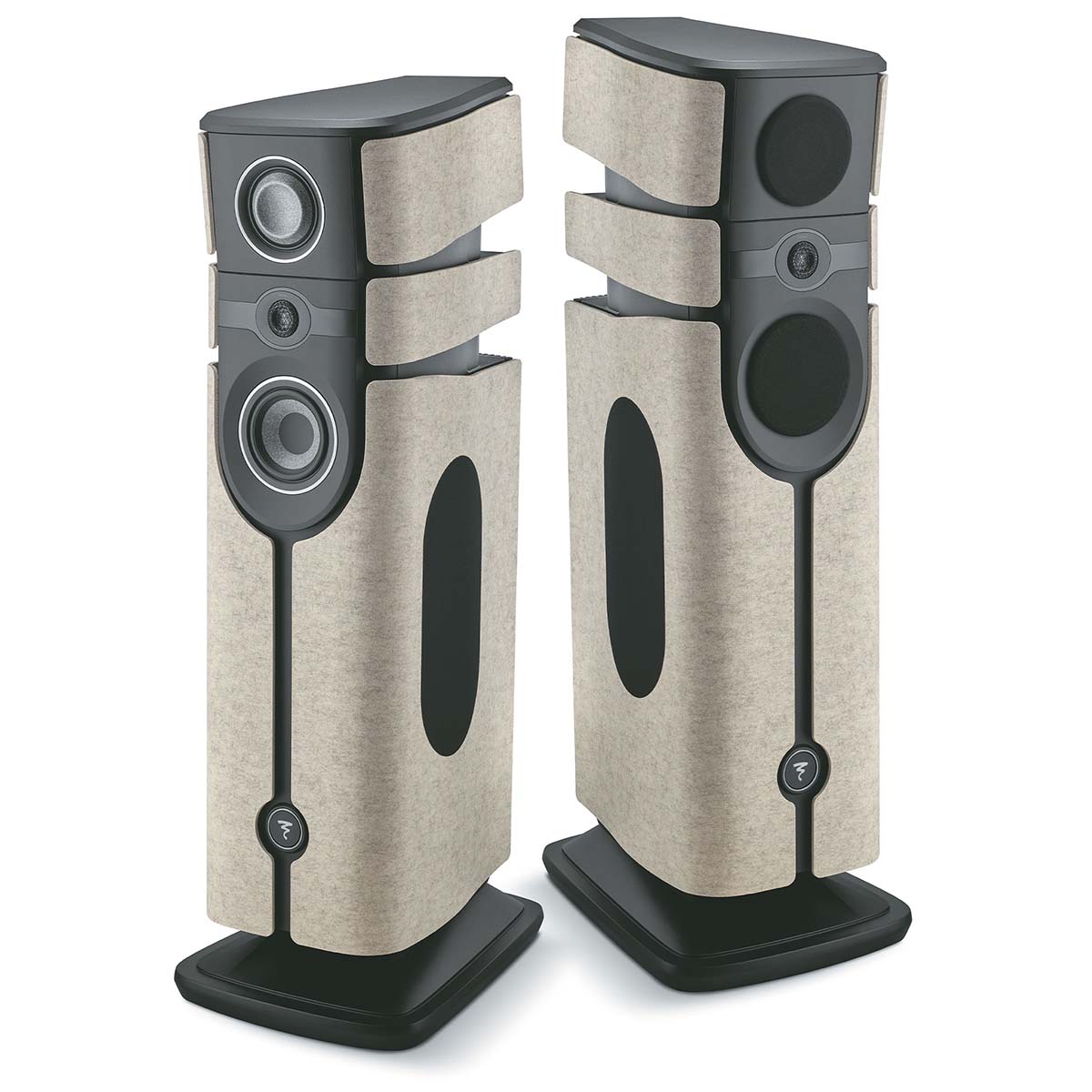 Focal Diva Alta Utopia 4-Way Active Wireless Loudspeaker - pair of Ivory Felt speakers - front view with left speaker angled right without grilles and right speaker angled right with grilles