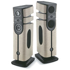 Focal Diva Alta Utopia 4-Way Active Wireless Loudspeaker - pair of Ivory Felt speakers - front view with left speaker angled right without grilles and right speaker angled right with grilles