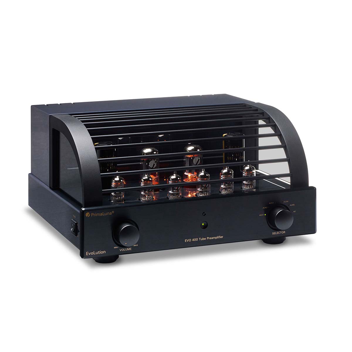 PrimaLuna Evo 400 Tube Preamplifier - Black - front view angled right with grille