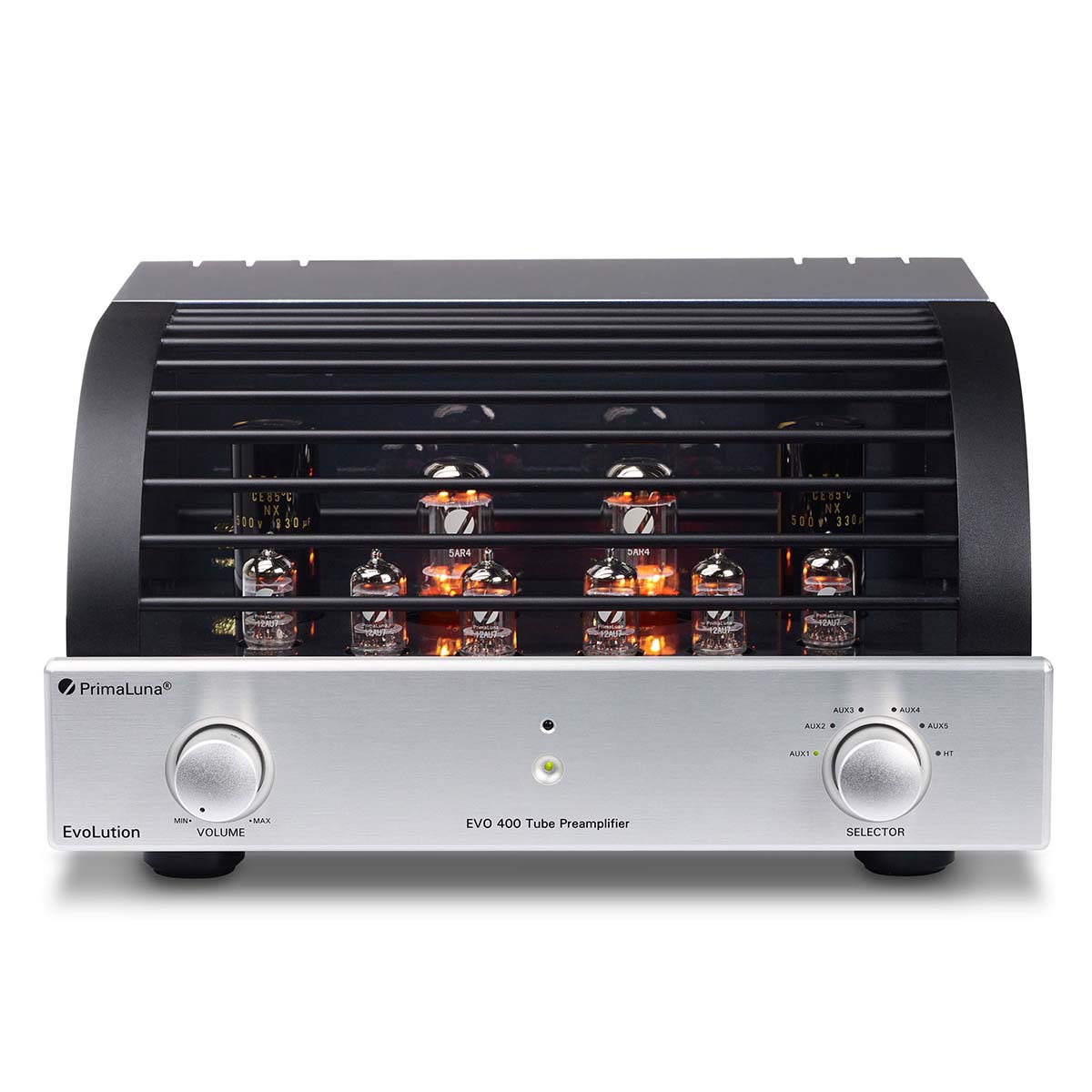 PrimaLuna Evo 400 Tube Preamplifier - Silver - front view with grille