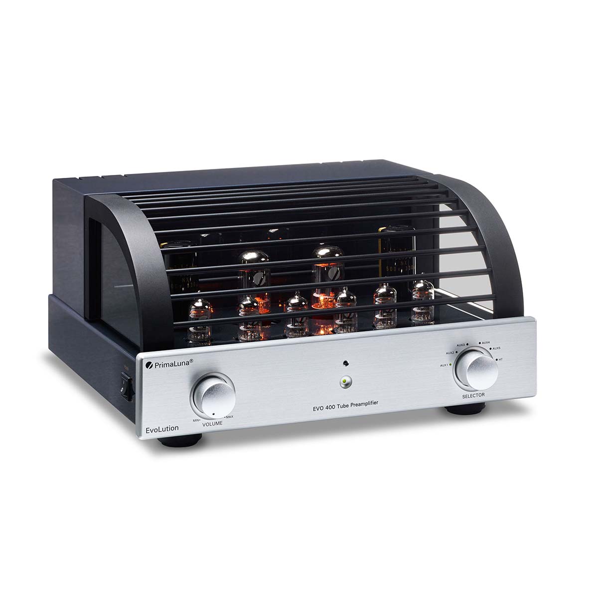 PrimaLuna Evo 400 Tube Preamplifier - Silver - front view angled right with grille