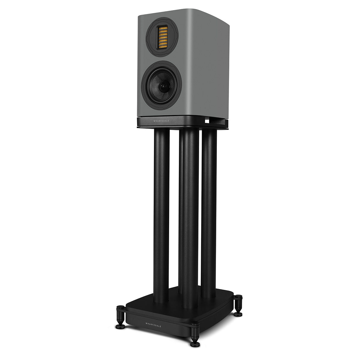 Wharfedale Evo 5.1 5-inch 2-way Bookshelf Speaker - Grey - single speaker on stand without grille angled left