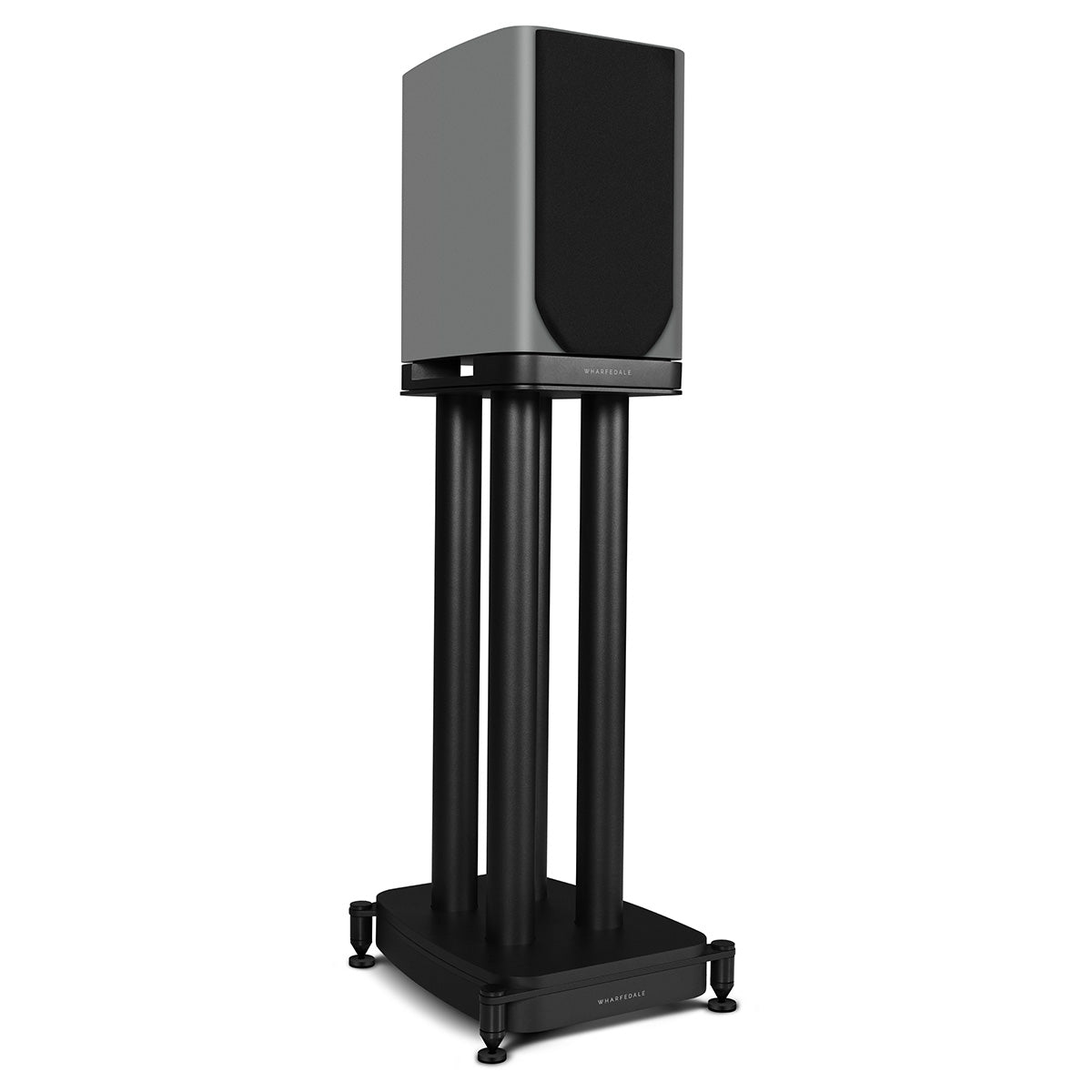 Wharfedale Evo 5.1 5-inch 2-way Bookshelf Speaker - Grey - single speaker on stand with grille angled right