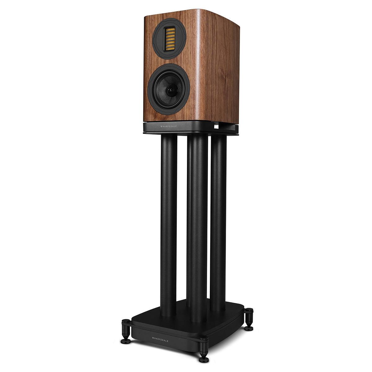 Wharfedale Evo 5.1 5-inch 2-way Bookshelf Speaker - Walnut - single speaker on stand without grille angled left