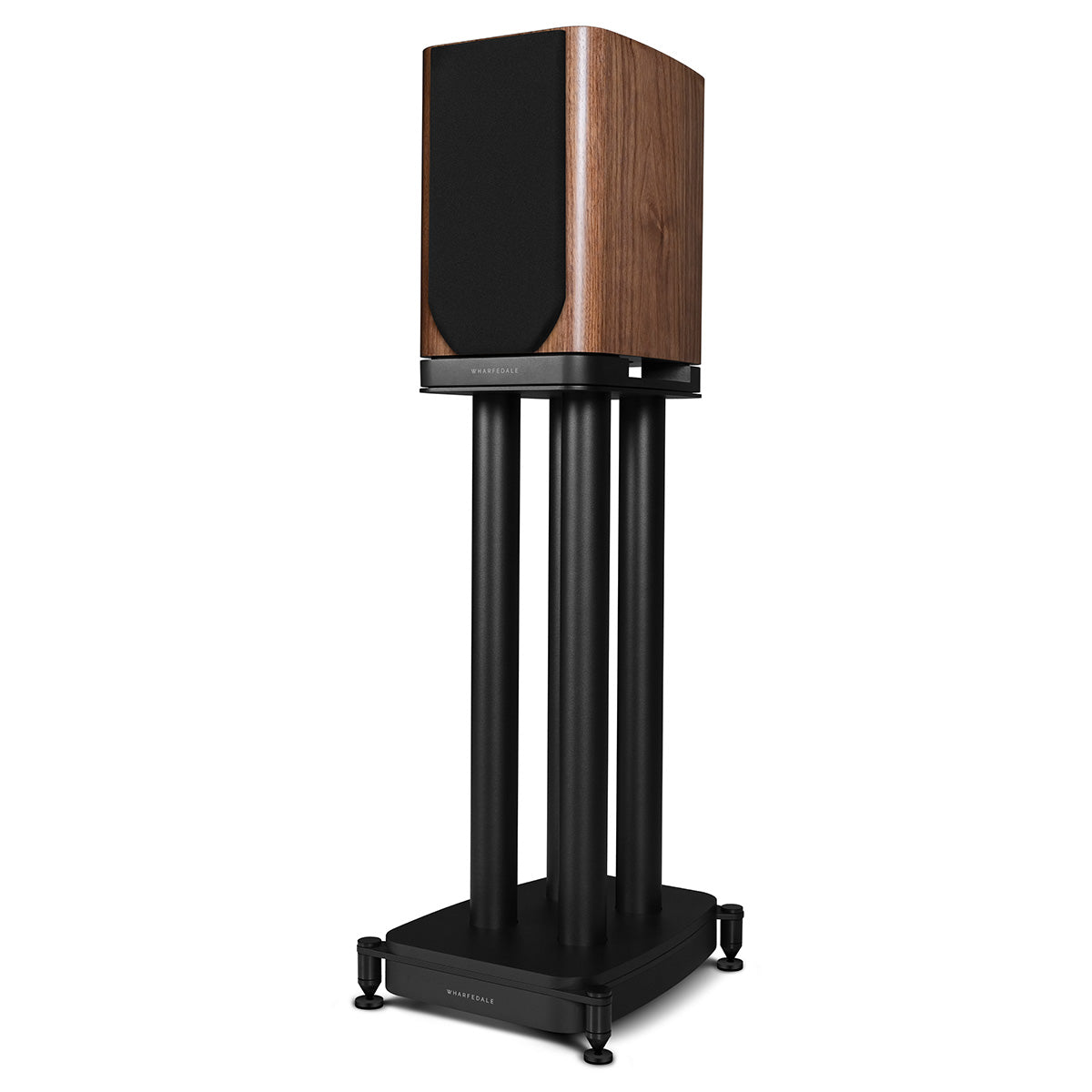 Wharfedale Evo 5.1 5-inch 2-way Bookshelf Speaker - Walnut - single speaker on stand with grille angled left