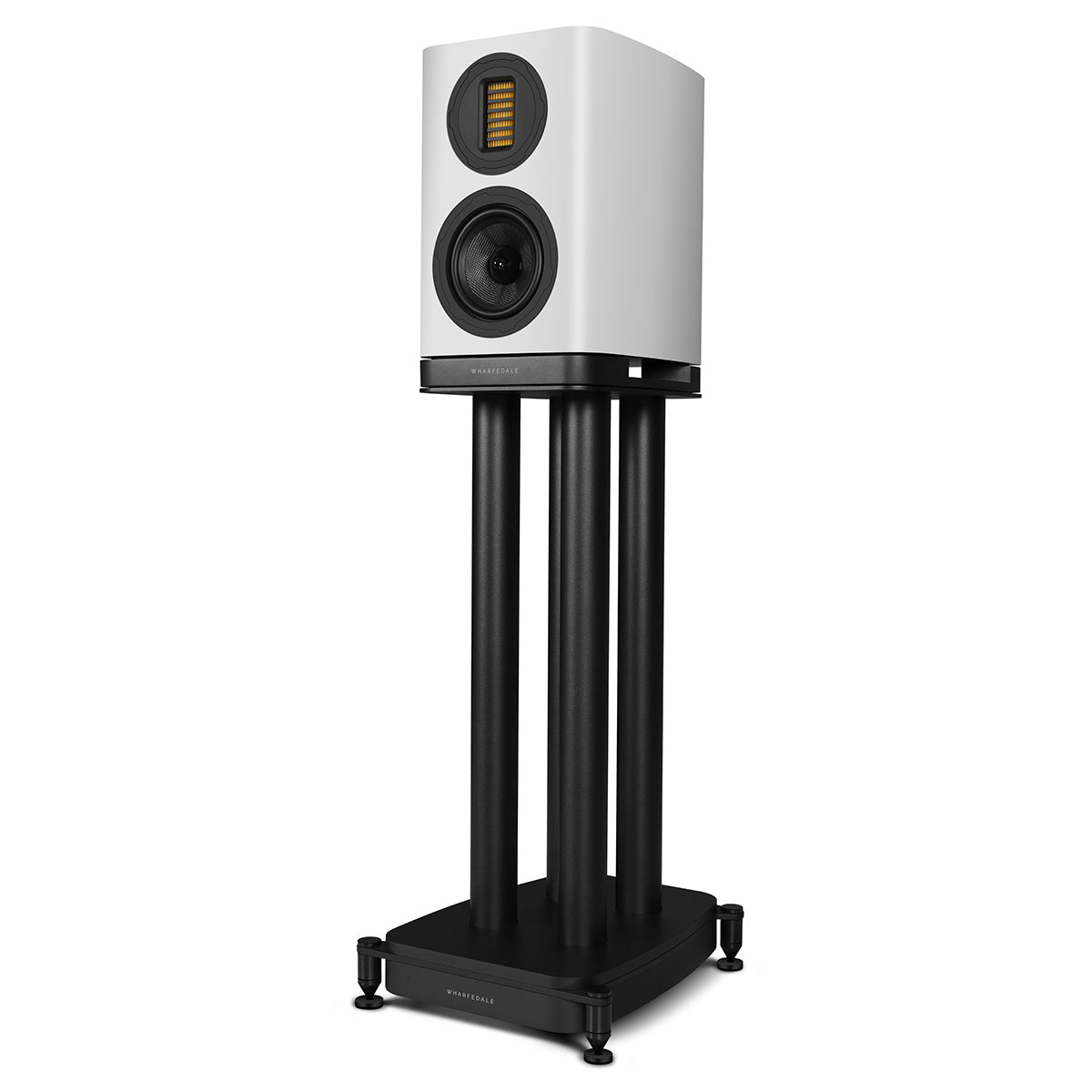Wharfedale Evo 5.1 5-inch 2-way Bookshelf Speaker - White - single speaker on stand without grille angled left