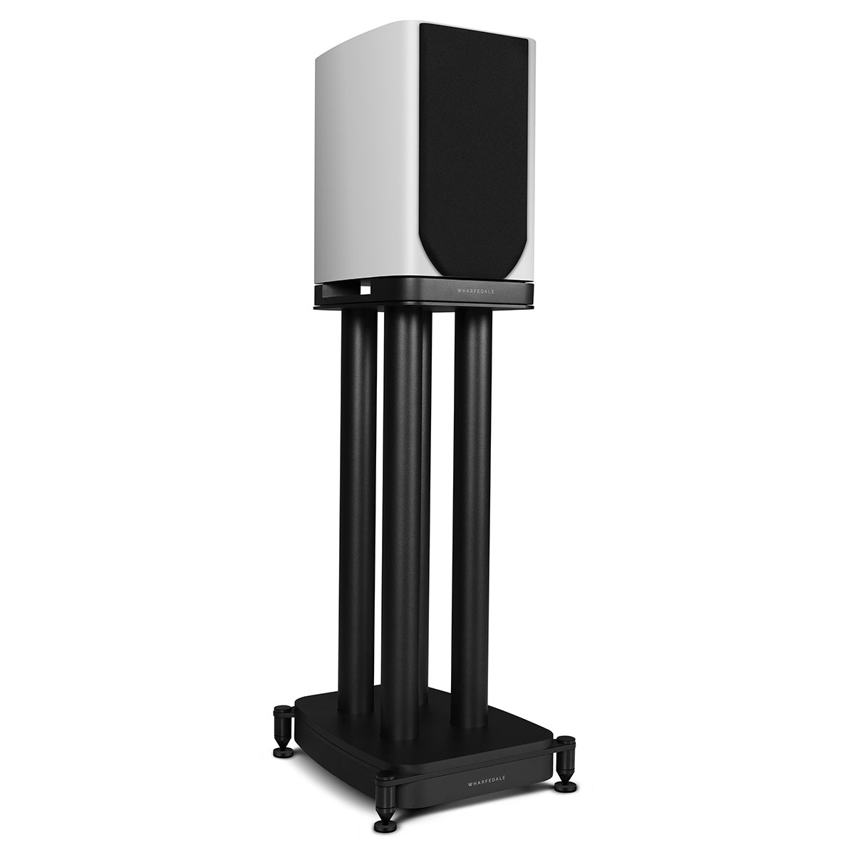 Wharfedale Evo 5.1 5-inch 2-way Bookshelf Speaker - White - single speaker on stand with grille angled right