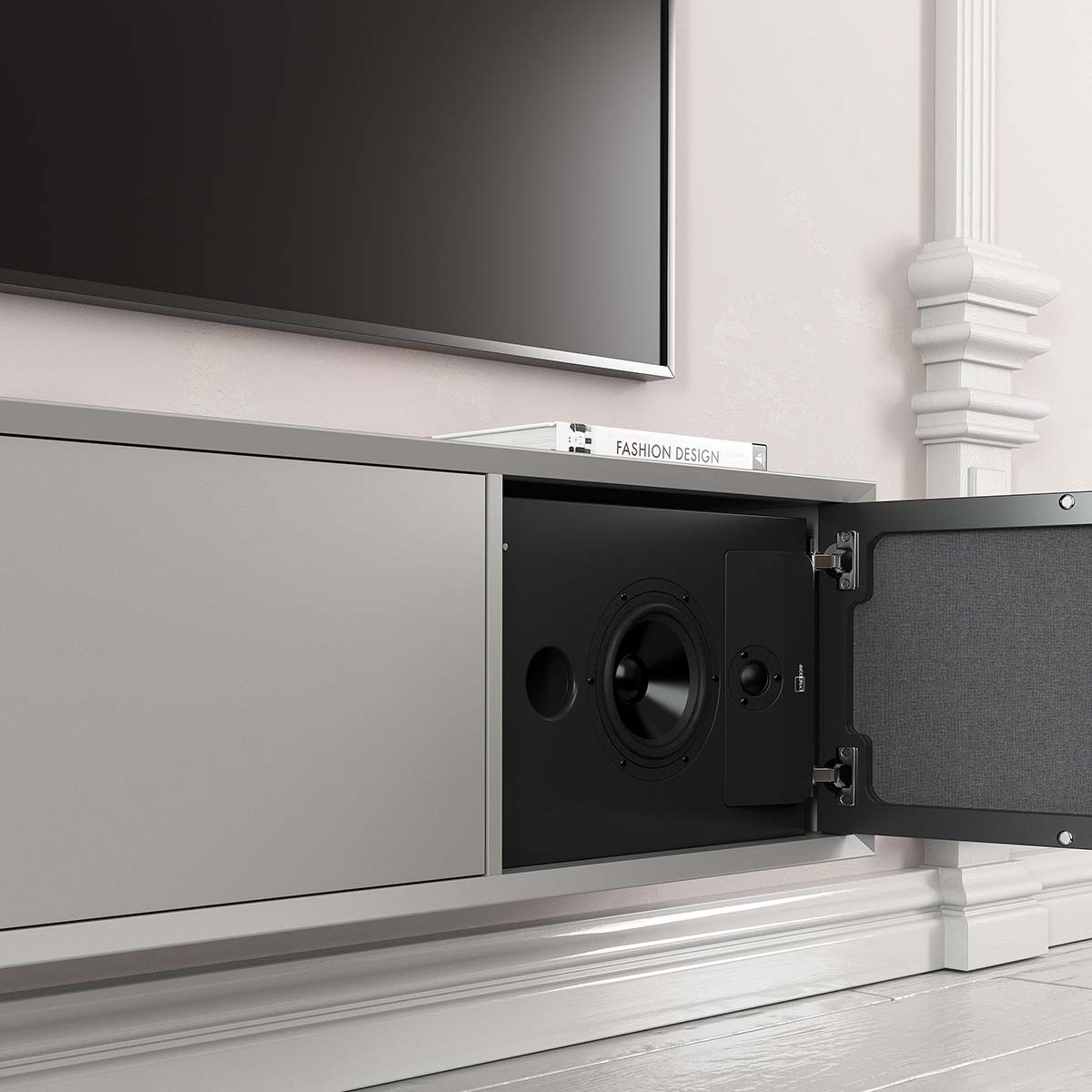 Lyngdorf CS-2 Speaker lifestyle shot front view angled of single unit in cabinet below TV