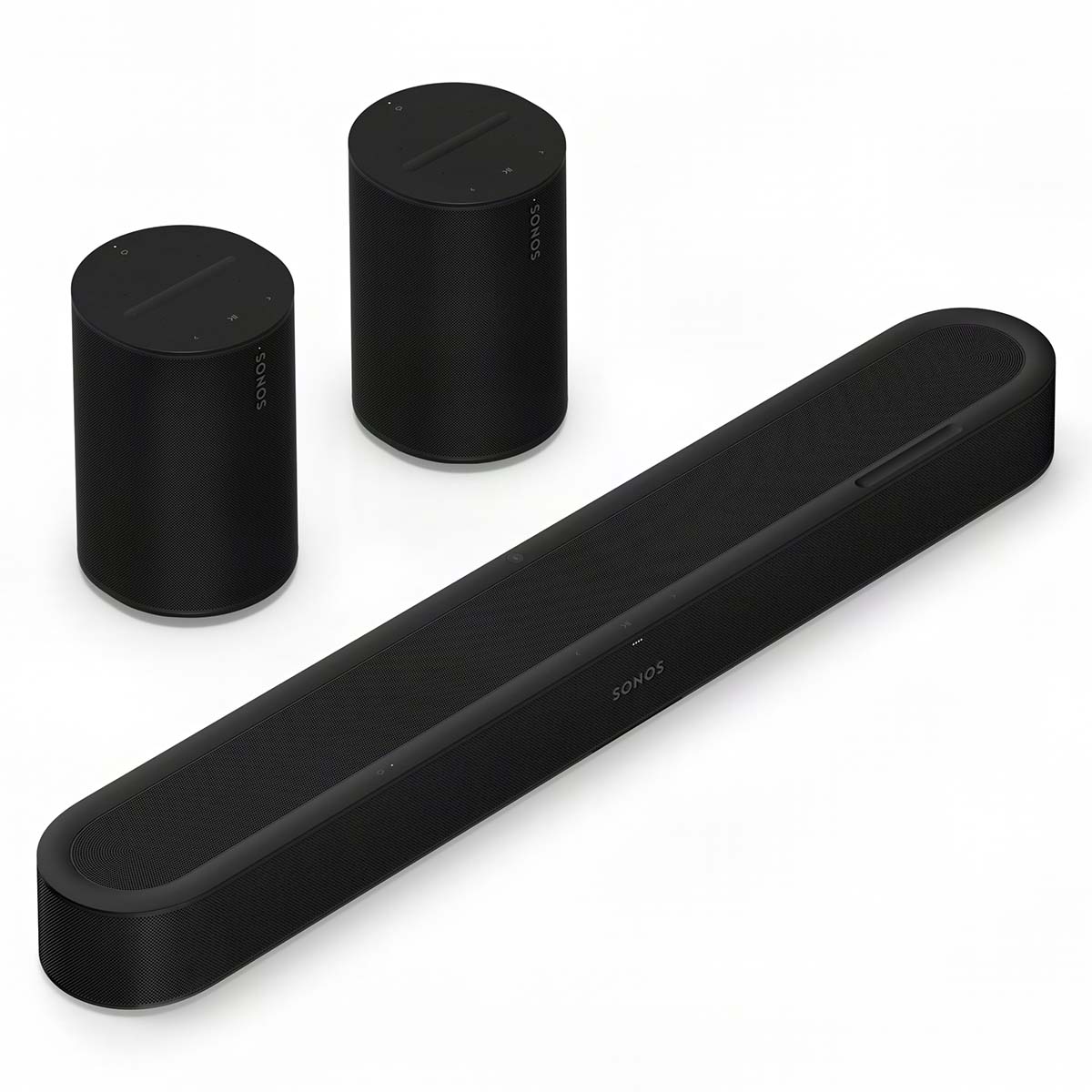Sonos Beam Ultra Soundbar - black - front and top view angled right with two Sonos Era 100 behind bar