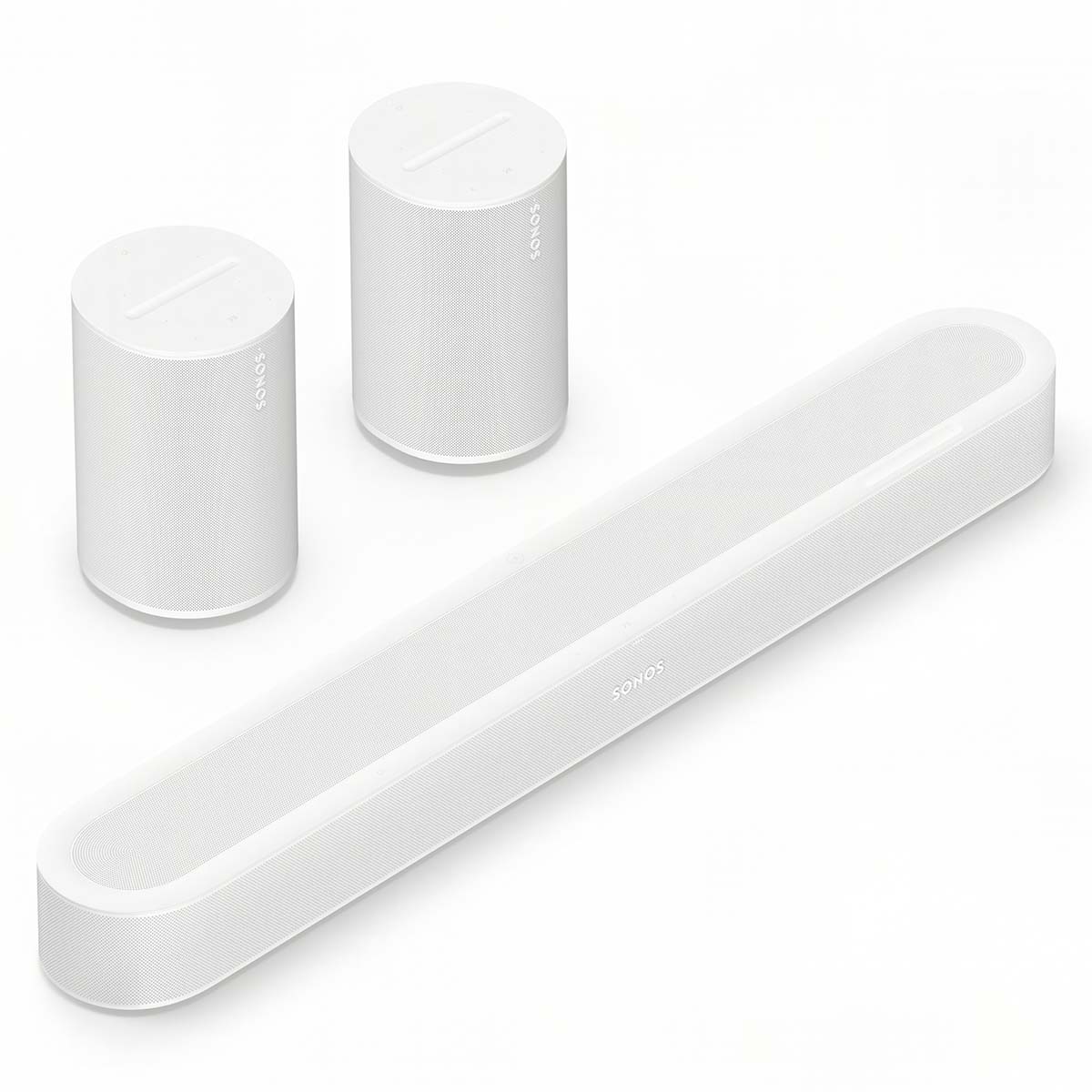 Sonos Beam Ultra Soundbar - white - front and top view angled right with two Sonos Era 100 behind bar