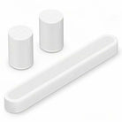 Sonos Beam Ultra Soundbar - white - front and top view angled right with two Sonos Era 100 behind bar