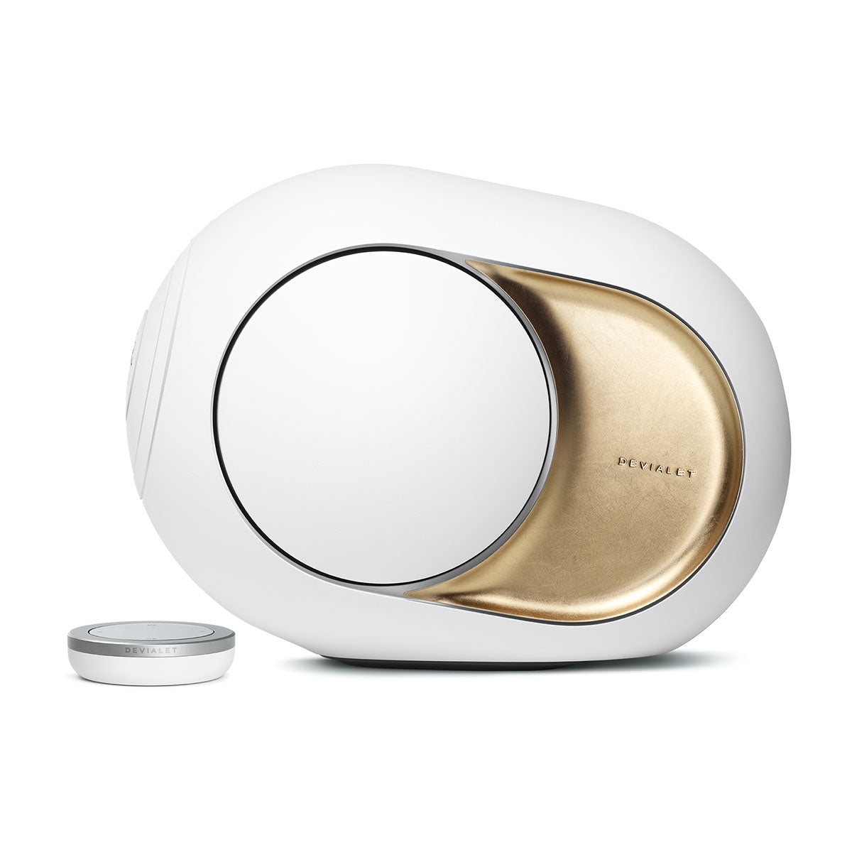 Devialet Phantom Ultimate 108 dB High-End Connected Speaker - Opera de Paris - facing left with remote to left
