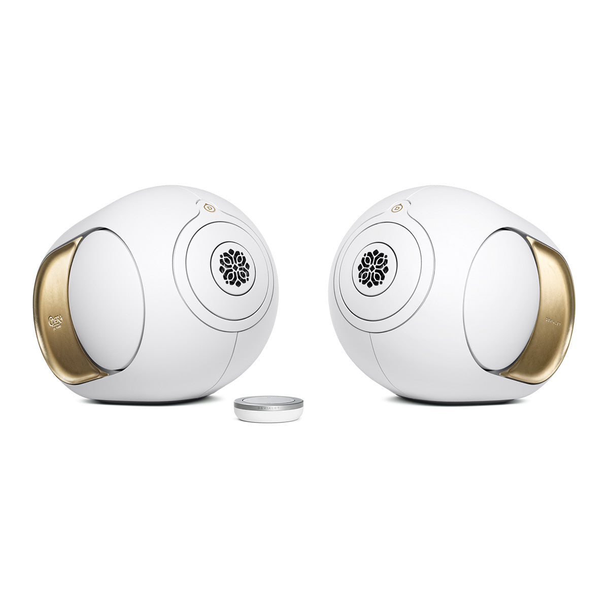 Devialet Phantom Ultimate 108 dB High-End Connected Speaker - Opera de Paris - two speakers facing inward with remote center left