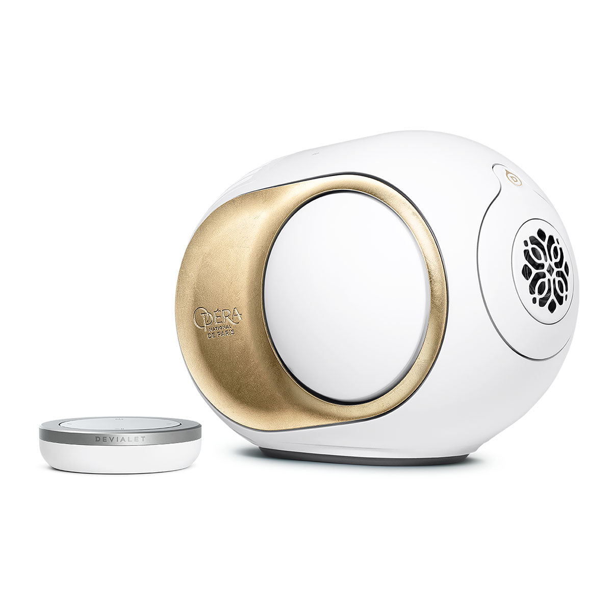 Devialet Phantom Ultimate 98 dB High-End Connected Speaker - Opera de Paris - facing right with remote to left