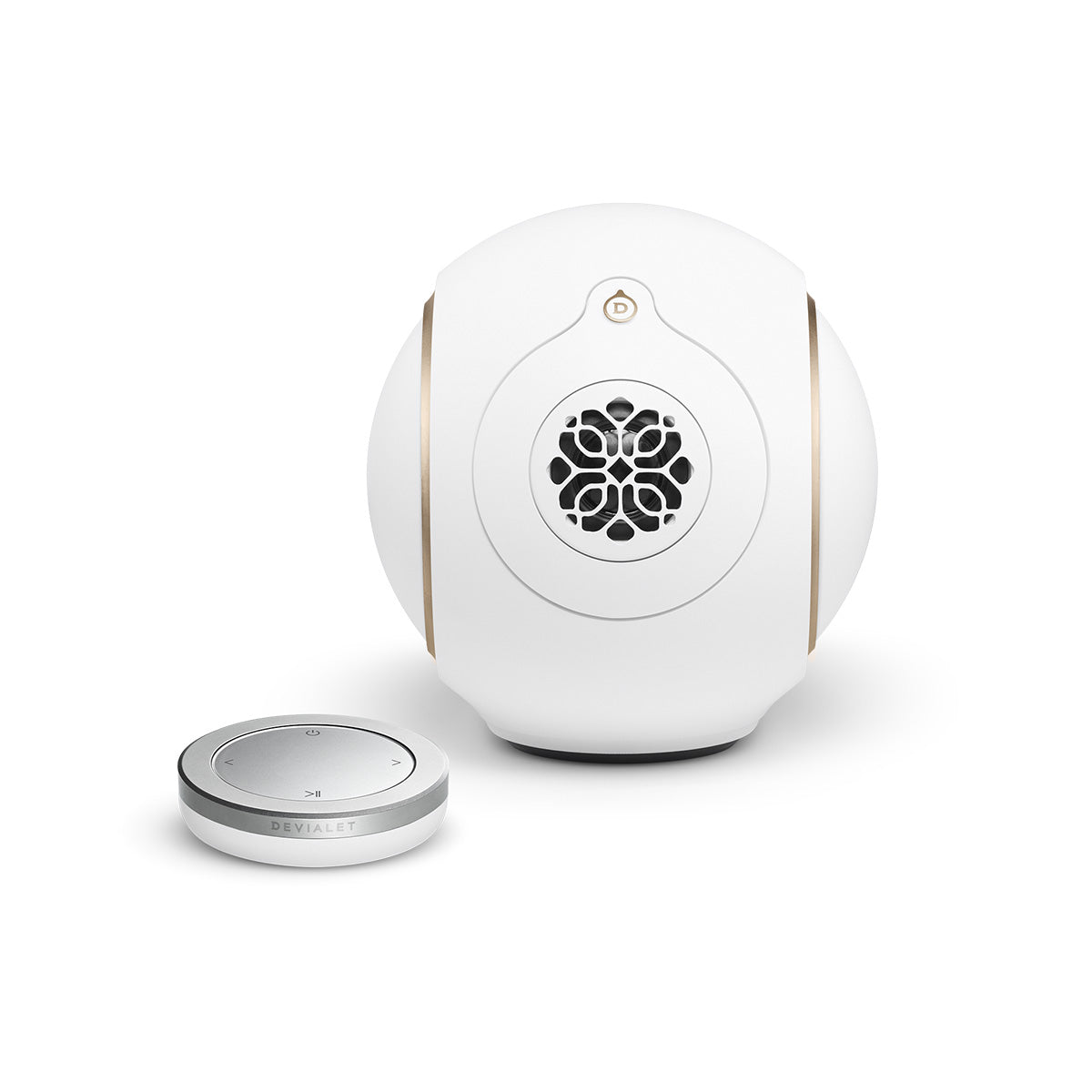 Devialet Phantom Ultimate 98 dB High-End Connected Speaker - Opera de Paris - front view with remote to left