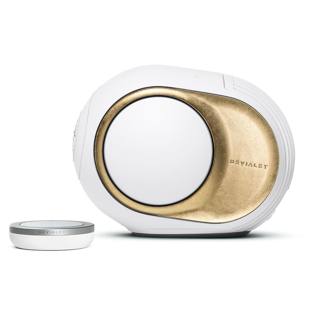 Devialet Phantom Ultimate 98 dB High-End Connected Speaker - Opera de Paris - facing left with remote to left