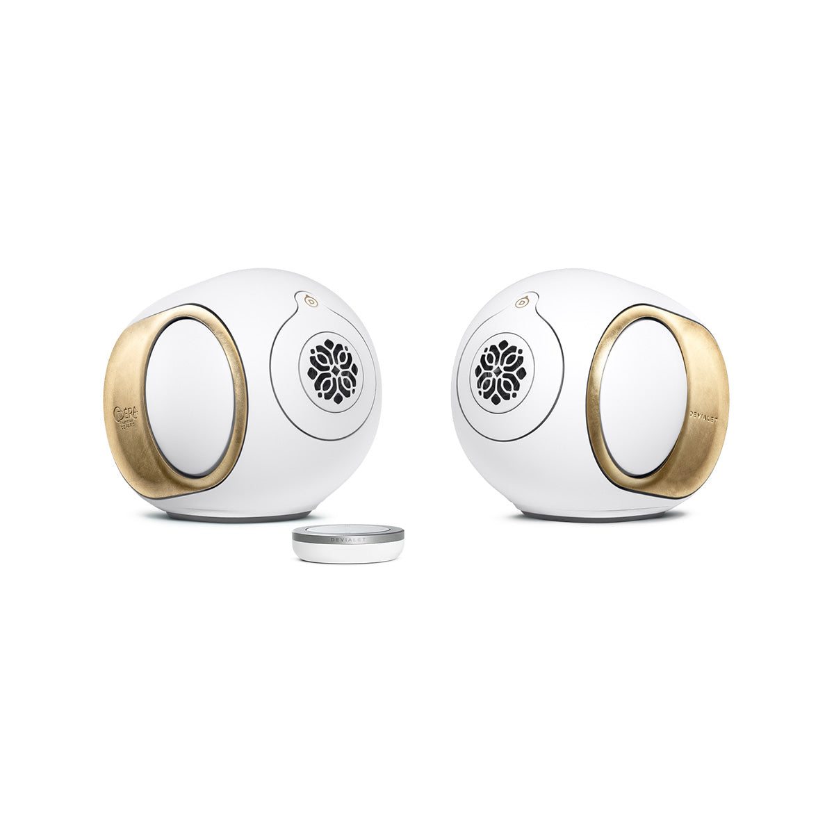 Devialet Phantom Ultimate 98 dB High-End Connected Speaker - Opera de Paris - pair of speakers facing inward with remote center left