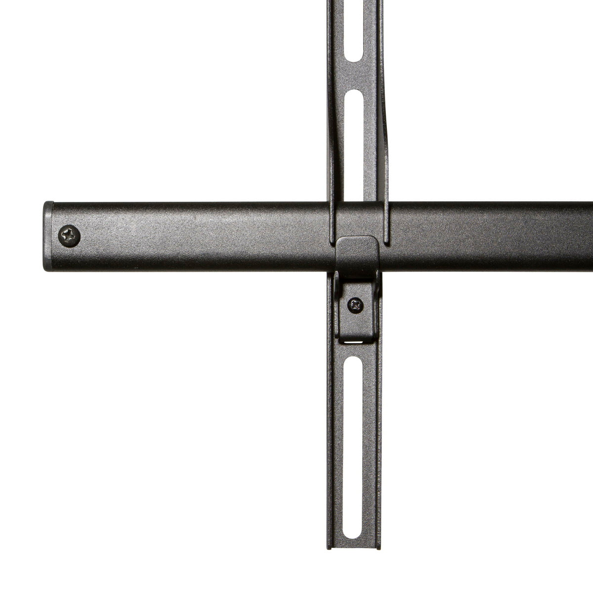 Black metal TV mount bracket on a white background