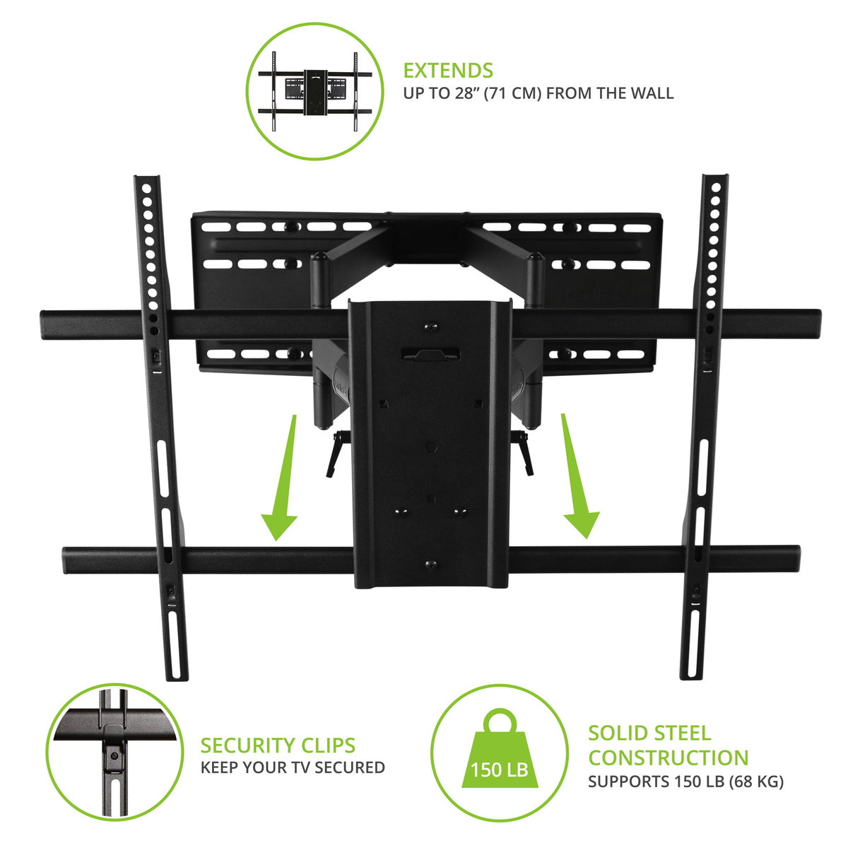 Black TV wall mount with features highlighted on a white background
