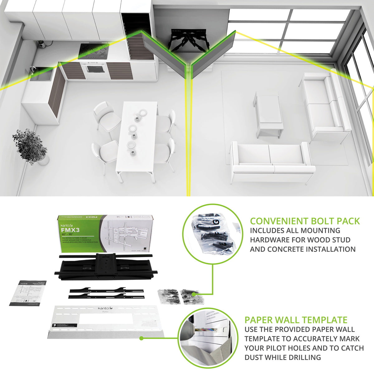 Room layout with furniture and installation hardware for wall mounting.