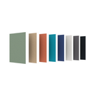 8 vertical rectangular color swatches in muted sage green, beige, terracotta, teal, navy, white, gray, and black, arranged in a row on a plain white background.