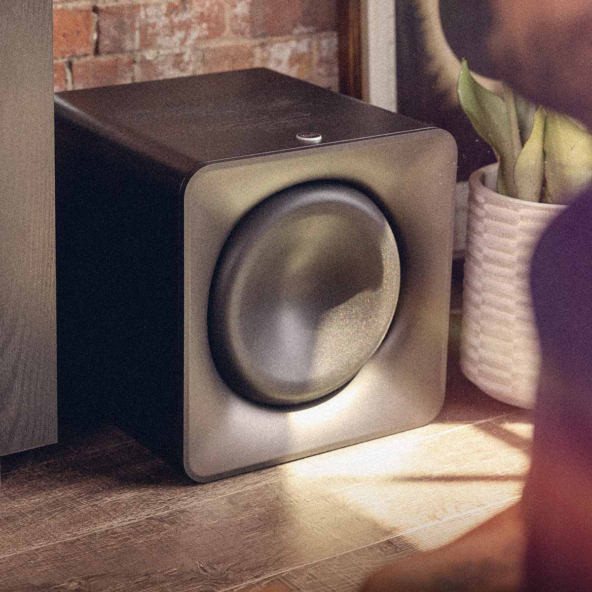 Klipsch Flexus Sub 200 Compact Wireless 12" Subwoofer - Black - lifestyle photo of unit on dark wood floor between caibnet and plant angled right