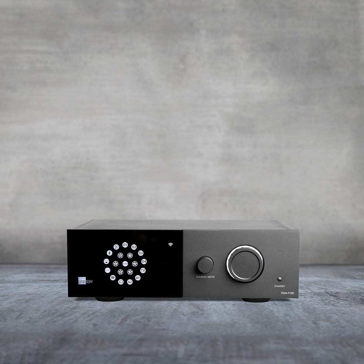 Lyngdorf TDAI-1120 Compact Streaming Amplifier with RoomPerfect front view on a gray background