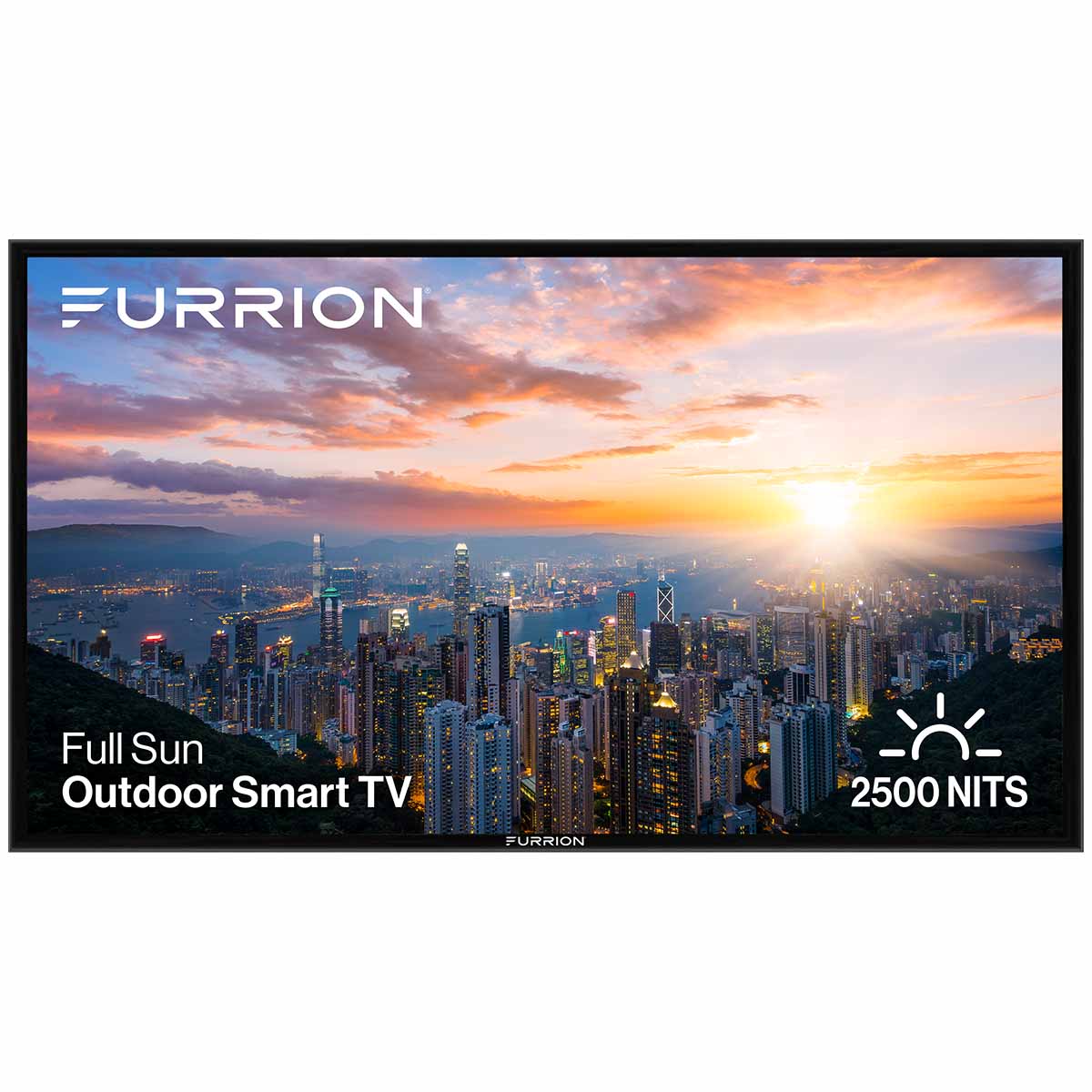 Furrion Aurora Pro Series Full Sun 4K Smart Outdoor TV - front view with text and image of city on screen