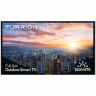 Furrion Aurora Pro Series Full Sun 4K Smart Outdoor TV - front view with text and image of city on screen