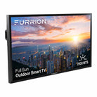 Furrion Aurora Pro Series Full Sun 4K Smart Outdoor TV - front view angled right with text and image of city on screen
