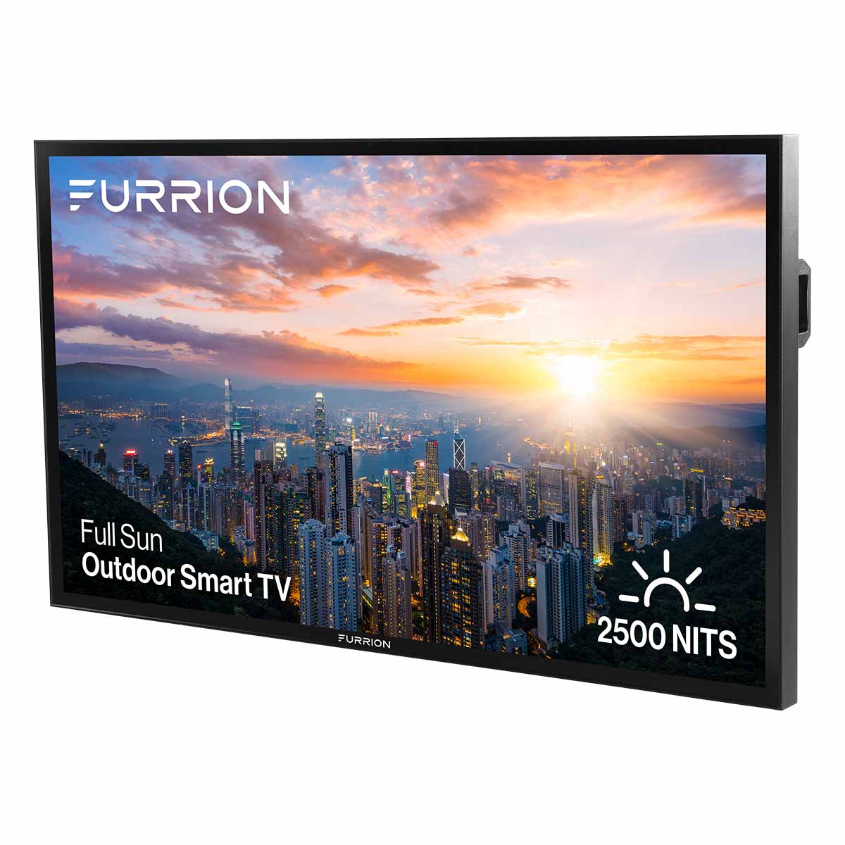 Furrion Aurora Pro Series Full Sun 4K Smart Outdoor TV - front view angled left with text and image of city on screen