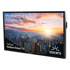 Furrion Aurora Pro Series Full Sun 4K Smart Outdoor TV - front view angled left with text and image of city on screen