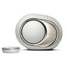 Devialet Phantom Ultimate 98 dB High-End Connected Speaker - Light Pearl - facing left with remote to left