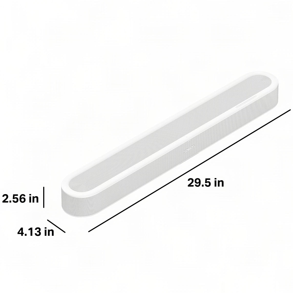 Sonos Beam Ultra Soundbar - white - front and top view angled right with measurements in inches