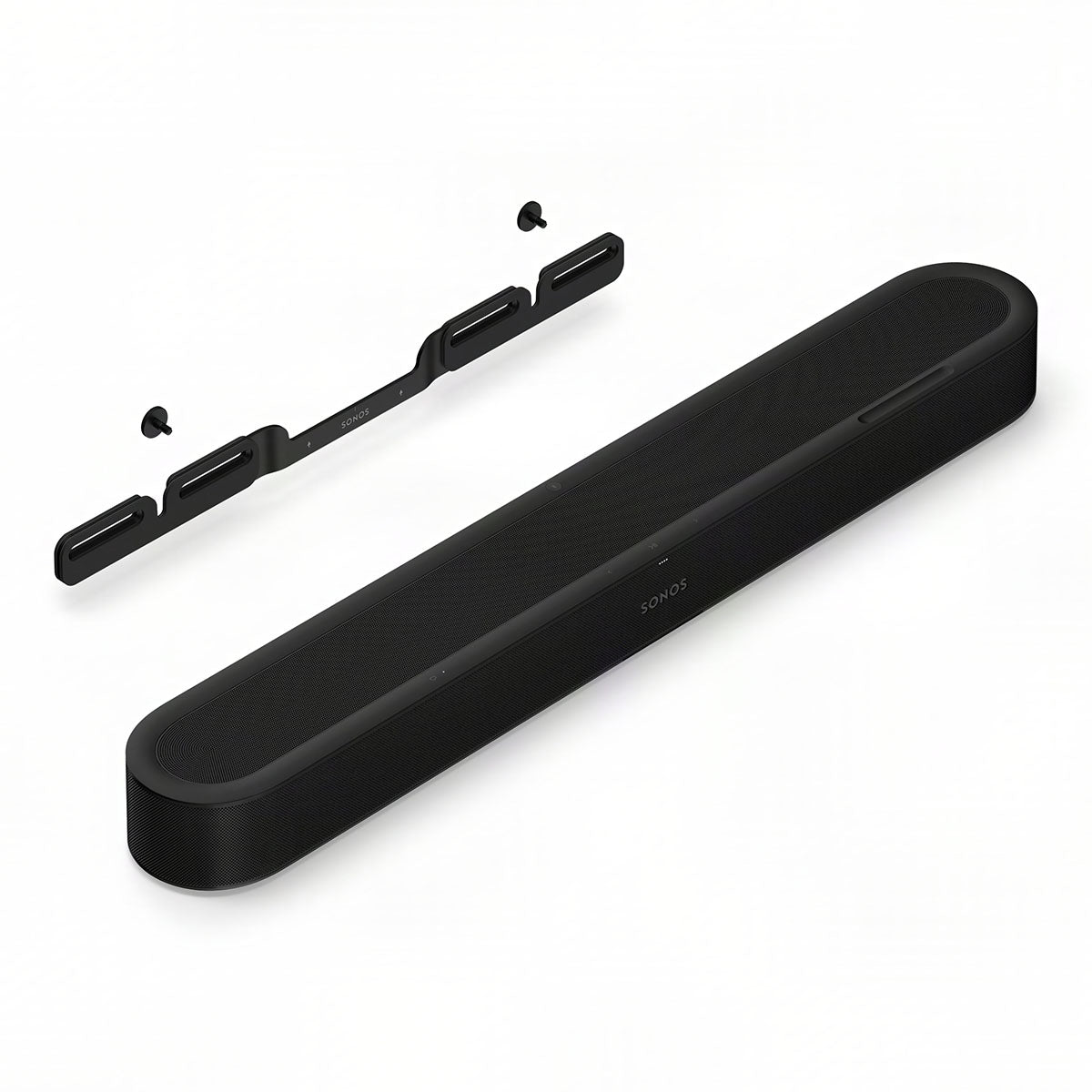 Sonos Beam Ultra Soundbar - black - front and top view angled right with separately-sold wall mount behind unit