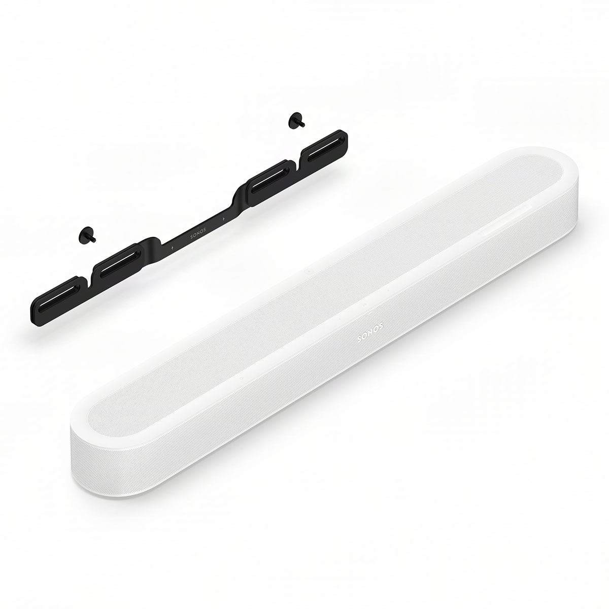 Sonos Beam Ultra Soundbar - white - front and top view angled right with separately-sold wall mount behind unit